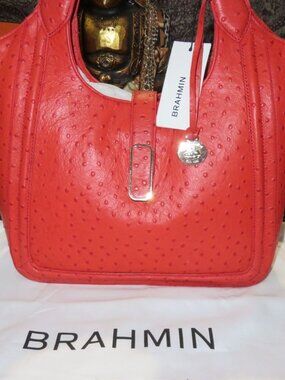 Brahmin Carla Flame Jamison Orange Ostrich Embossed Leather Crossbody Tote NWT